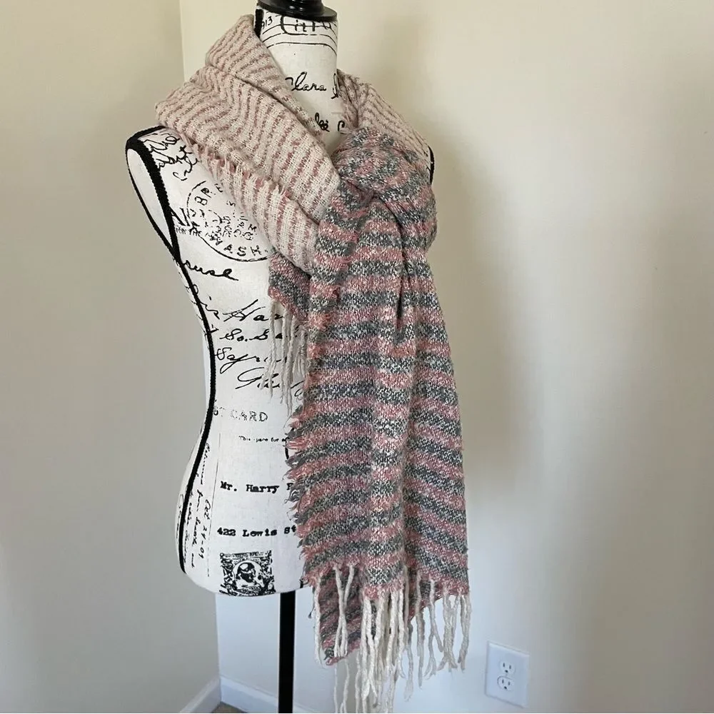 Striped Sherpa-Like Thick Knit Wrap/ Scarf with Long Tassels